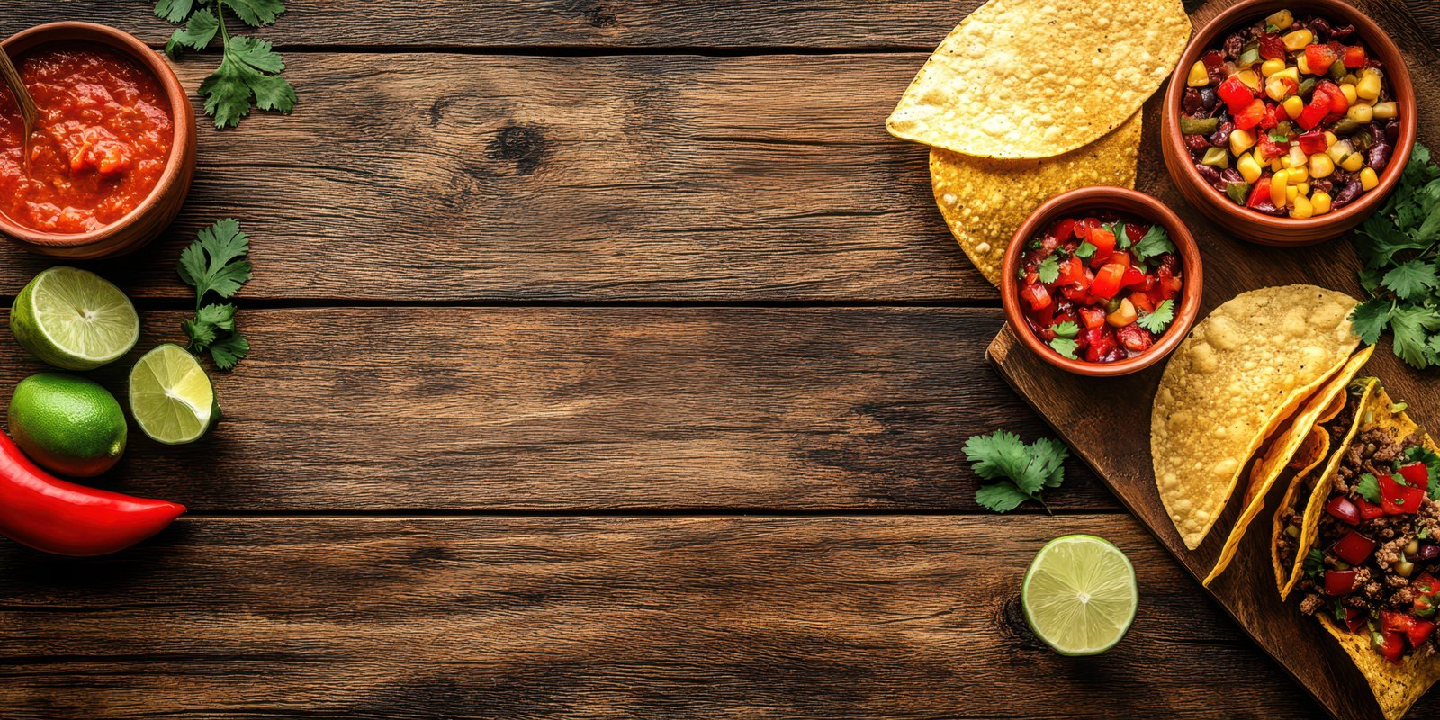 Colorful taco spread on wooden table with fresh ingredients and salsa in bowls